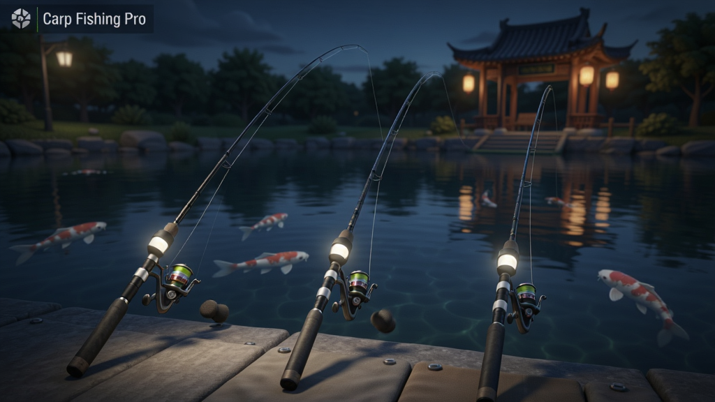 Carp Fishing Pro ��Ϸ���棬������ͼ��ڰ��ߣ�ˮ��ƽ����Զ���н���԰����ʽͤ�Ӻ͵�����ҹ��������ͷ��������λ������ɾ���дʵ��񣬸߻���