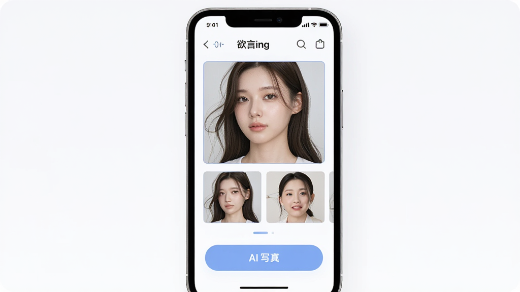 欲言ing软件界面中展示多款精美人像模板和AI写真生成按钮,主体为手机屏幕展示,布局居中,排版清晰,风格柔和清新,细节包含写真缩略图和生成按钮,画质高清,干净,无多余元素