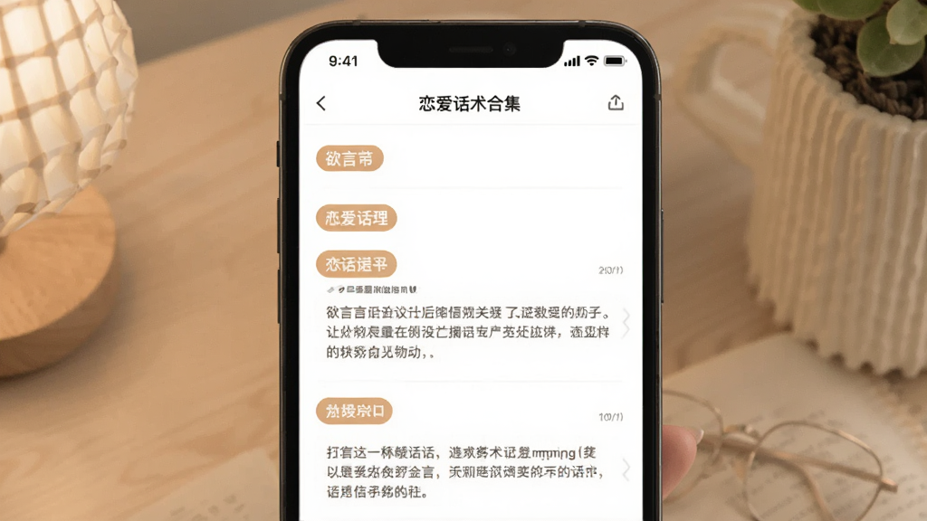 欲言ing软件内恋爱话术合集页面,主体为手机屏幕展示分类话术列表,布局为上下结构,排版整齐,风格温馨柔和,细节包含话术分类标签和内容预览,画质清晰,干净,无多余元素