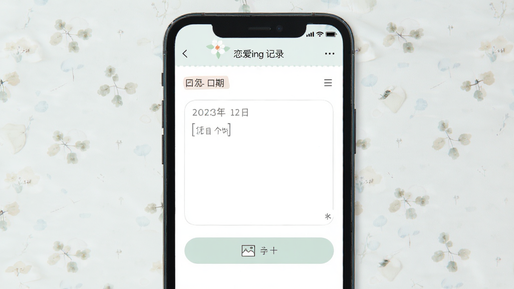 欲言ing软件中恋爱日记记录页面,主体为手机屏幕展示日记编辑界面,布局居中,排版简洁,风格清新淡雅,细节包含日期、文字输入框和图片添加按钮,画质高清,干净,无多余元素