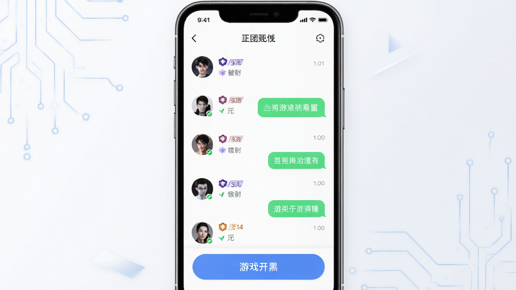 开团软件界面展示,主体为手机屏幕显示聊天匹配列表和游戏开黑按钮,布局居中,排版清晰,风格为现代科技感UI设计,细节包含头像、段位图标、聊天气泡,画质高清,干净,无多余元素