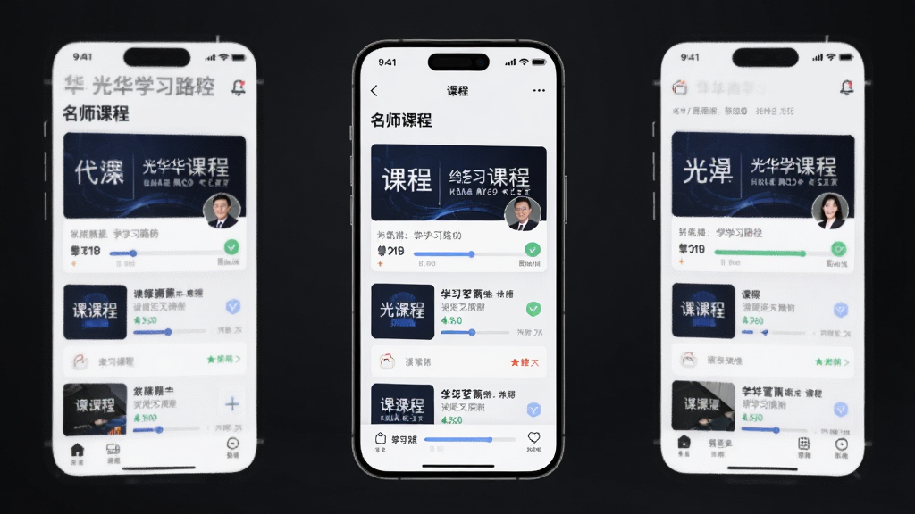 �⻪��ѧApp����չʾ������Ϊ�ֻ���Ļ����ʾ��ʦ�γ��б���ṹ��ѧϰ·��������Ϊ����չʾ�ֻ��������Ű������������Ϊ�ִ�����Ƽ��У�ϸ�ڰ����γ̷��桢��ʦͷ��ѧϰ�����������ʸ��壬�ɾ����޶���Ԫ��