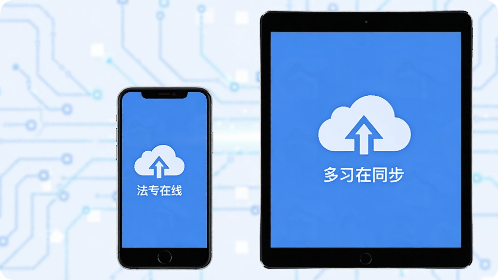 法宣在线 多端同步 手机与平板并排展示 学习进度云端同步图标 科技感浅色背景 扁平化设计 高清画质 干净无多余元素