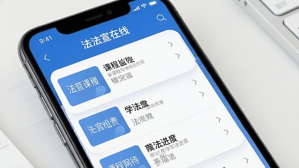 法宣在线 应用主界面 手机屏幕 显示课程列表与学法进度 蓝色商务风格 简洁排版 高清画质 干净无多余元素