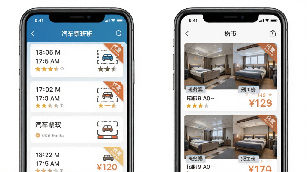 铁行特价机票APP汽车票与酒店预订界面展示,主体为手机屏幕分屏展示汽车票班次列表与酒店房型页面,布局为左右双屏手机样机并排,排版清晰展示班次时间与酒店价格标签,风格为现代扁平化移动端UI,细节包含取票码图标、酒店星级标识、优惠券角标,画质干净清晰无多余元素