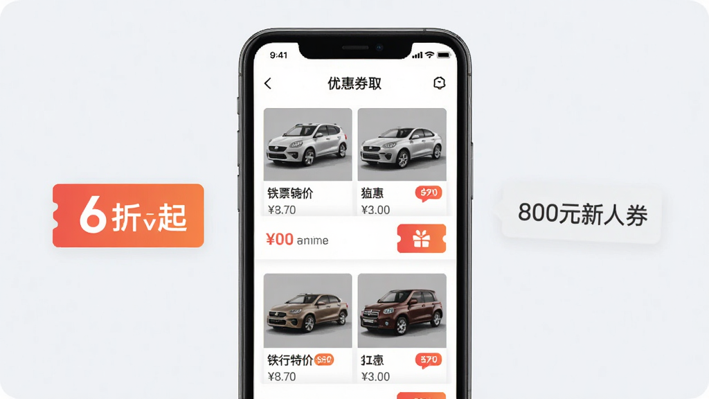 铁行特价机票APP租车频道界面展示,主体为手机屏幕内呈现租车车型列表与优惠券领取入口,布局采用居中手机样机加浅色背景,排版突出6折起与800元新人券文字标签,风格为清新简约的移动端UI展示,细节包含车型缩略图、价格标签、优惠券图标,画质清晰干净无多余元素