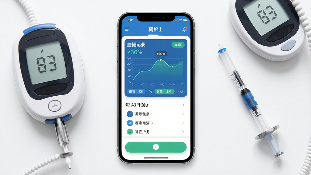 糖护士应用界面展示,主体为手机屏幕显示血糖记录图表和每日任务列表,布局为居中放置手机,周围环绕血糖仪和胰岛素笔环设备,排版简洁清晰,风格为现代医疗健康类APP界面,细节包括蓝色和绿色为主色调、数据曲线、图标按钮,画质高清,干净,无多余元素