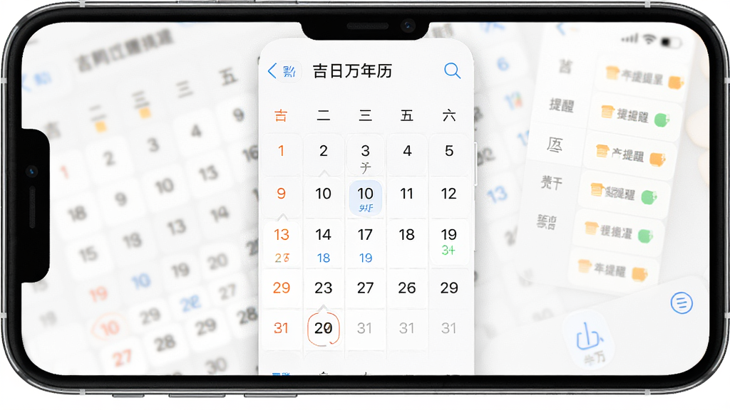 吉日万年历软件界面展示,主体为手机屏幕中的日历应用,布局居中,排版清晰,风格简约现代,细节包含日期标记与提醒图标,画质高清,干净,无多余元素