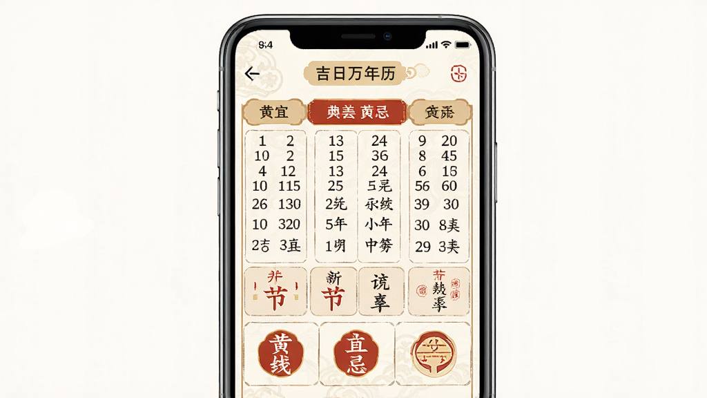 吉日万年历老黄历页面,主体为手机屏幕显示黄历宜忌信息,布局上下结构,排版整齐,风格传统典雅,细节包含宜忌文字与节气图标,画质清晰,干净,无多余元素