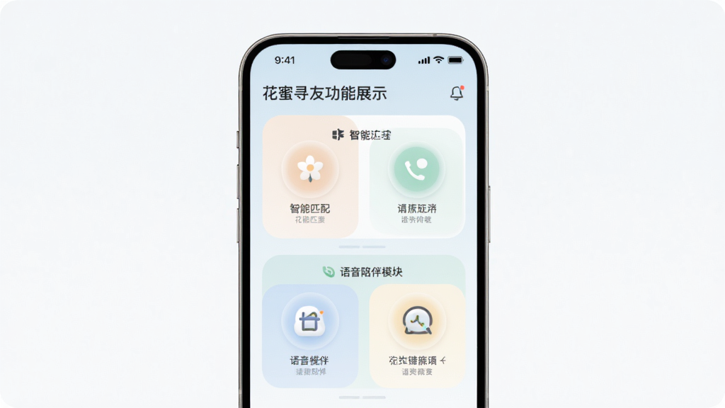 花蜜寻友功能展示图,主体为手机界面呈现智能匹配和语音陪伴模块,布局上下排列,排版整齐,风格现代简约,细节包括柔和色彩、图标点缀、文字清晰,画质干净,无多余元素
