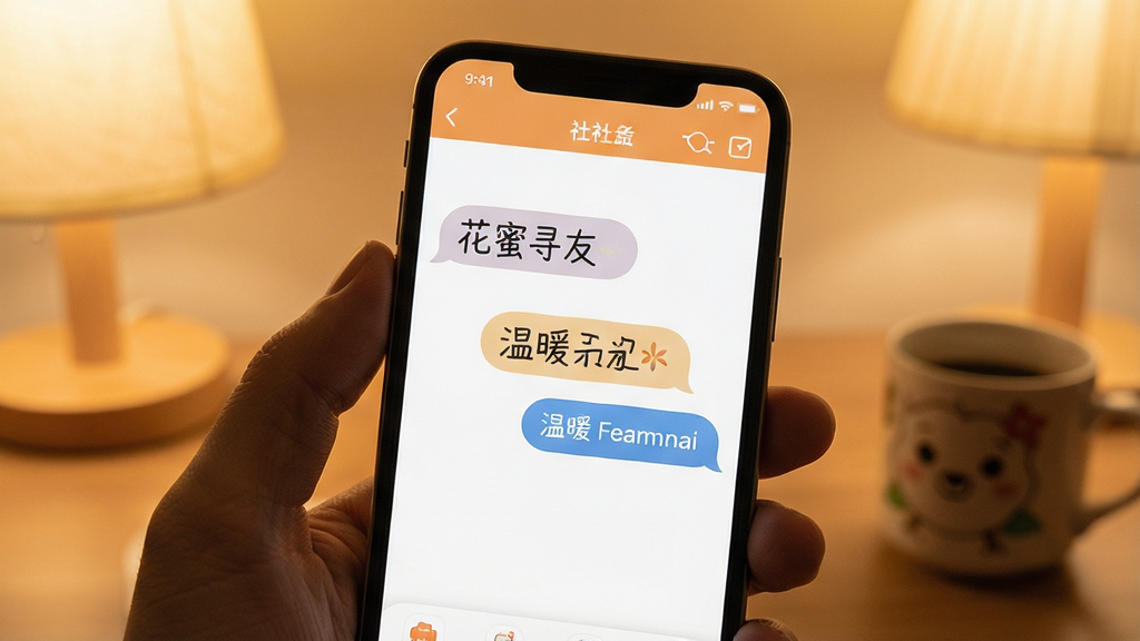 花蜜寻友 温暖聊天界面 手机屏幕 展示 社交 应用 风格 温馨 柔和 光线 画质清晰 干净 无多余元素
