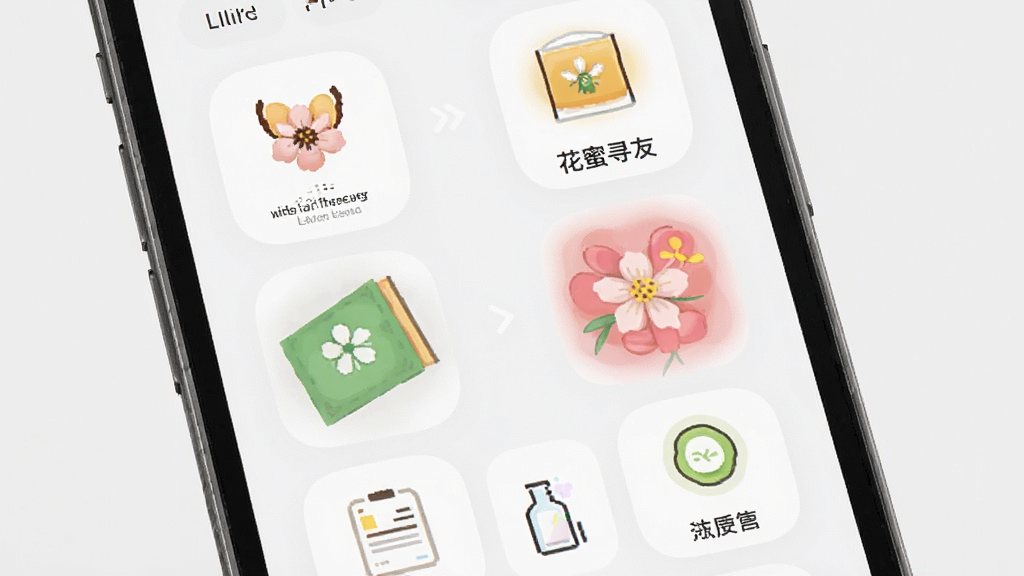 花蜜寻友 APP 功能界面展示 手机屏幕 多个 功能模块 图标 排版 整齐 现代 简约 风格 画质清晰 干净 无多余元素