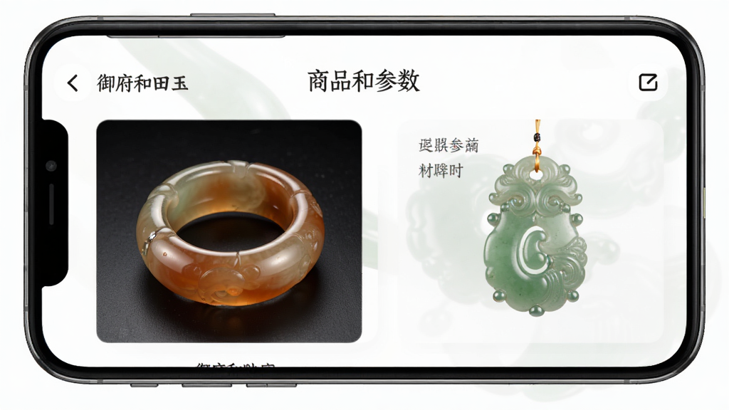 御府和田玉应用内玉器展示页面,主体为手机屏幕显示和田玉手镯与玉牌高清图片,布局左右分栏,排版整齐,风格简约大气,细节包括玉石光泽、雕刻纹理、商品参数文字,画质细腻,干净,无多余元素
