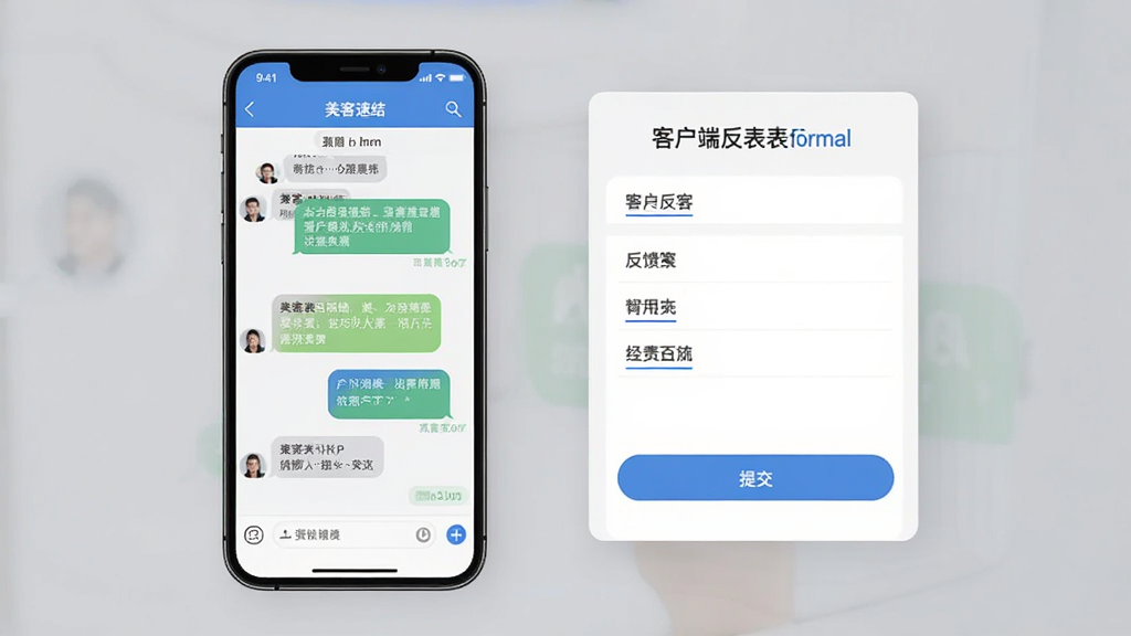 美客速结-客户端沟通反馈功能示意图,主体为手机聊天界面与反馈表单,布局上下结构,排版简洁,风格商务清新,细节包含消息气泡与提交按钮,画质清晰干净无多余元素