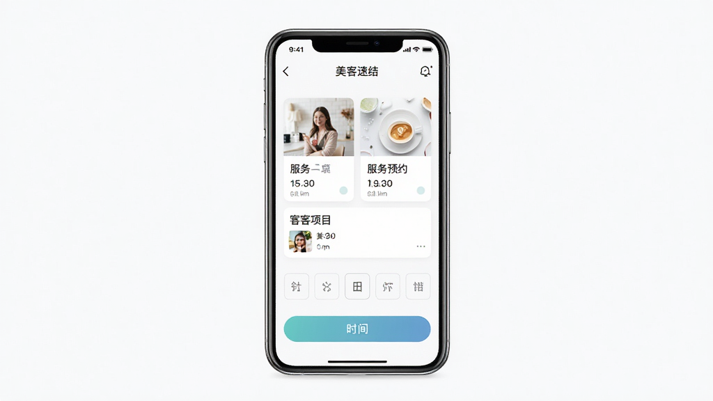 美客速结-客户端软件界面展示,主体为手机屏幕显示点单与预约页面,布局居中,排版整齐,风格清新简约,细节包含服务项目卡片与时间选择按钮,画质清晰干净无多余元素