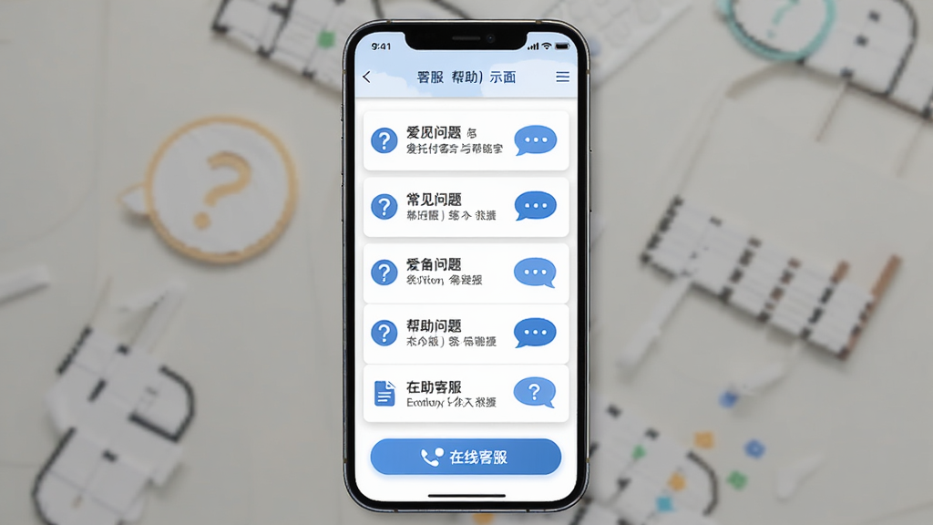 爱托付客服与帮助界面示意图,主体为手机屏幕显示常见问题列表与在线客服按钮,布局为上下结构,排版清晰,风格友好专业,细节包含问号图标、对话框、帮助文档,画质高清,干净,无多余元素