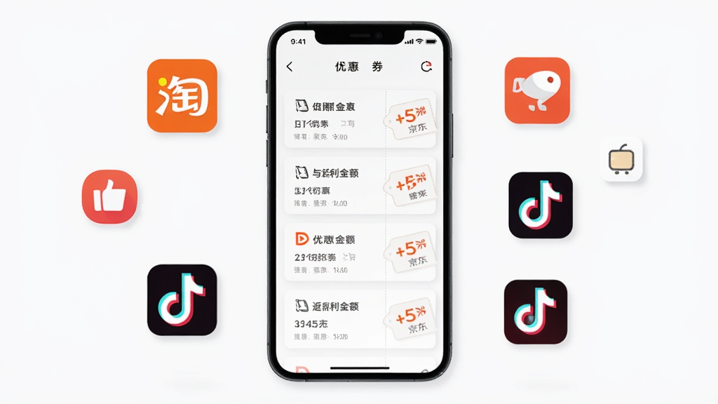花美折软件界面展示,主体为手机屏幕中显示优惠券查询列表与返利金额,布局为居中手机模型加周围漂浮的电商图标,排版简洁清晰,风格为现代科技感扁平化设计,细节包含淘宝京东拼多多抖音图标和优惠券标签,画质高清干净无多余元素