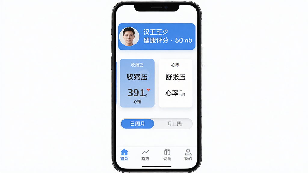 �����󽡿�App��ҳ���棬��ɫ������������ʾ�û�ͷ��ͽ������֣��в�չʾѪѹ������ֵ��Ƭ����������ѹ������ѹ���������ݣ��·��������������л���ť���ײ�����������ҳ�����ơ��豸���ҵ��ĸ�ͼ�꣬��ƽ����Ʒ����ɫ��ɫ��������ɾ����࣬�ֻ���ĻչʾЧ�������廭��