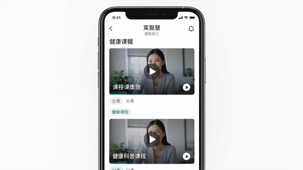 ���ۻ�APP�γ�ѧϰ���棬�ֻ���Ļչʾ����������Ƶ�γ��б�������Ϊ�ֻ�����ͼ�����־��У��Ű��࣬����ִ�����ϸ�ڰ����γ�����ͼ�����Ű�ť�������ǩ�����ʸ��壬�ɾ����޶���Ԫ��