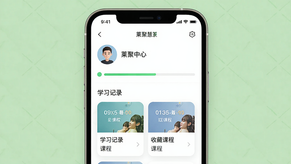���ۻ�APP��������ҳ�棬�ֻ���Ļչʾѧϰ��¼���ղؿγ��б�������Ϊ�ֻ����棬�����������Ű����룬����Լ���£�ϸ�ڰ���ͷ��ѧϰ���������γ̿�Ƭ�����ʸ��壬�ɾ����޶���Ԫ��