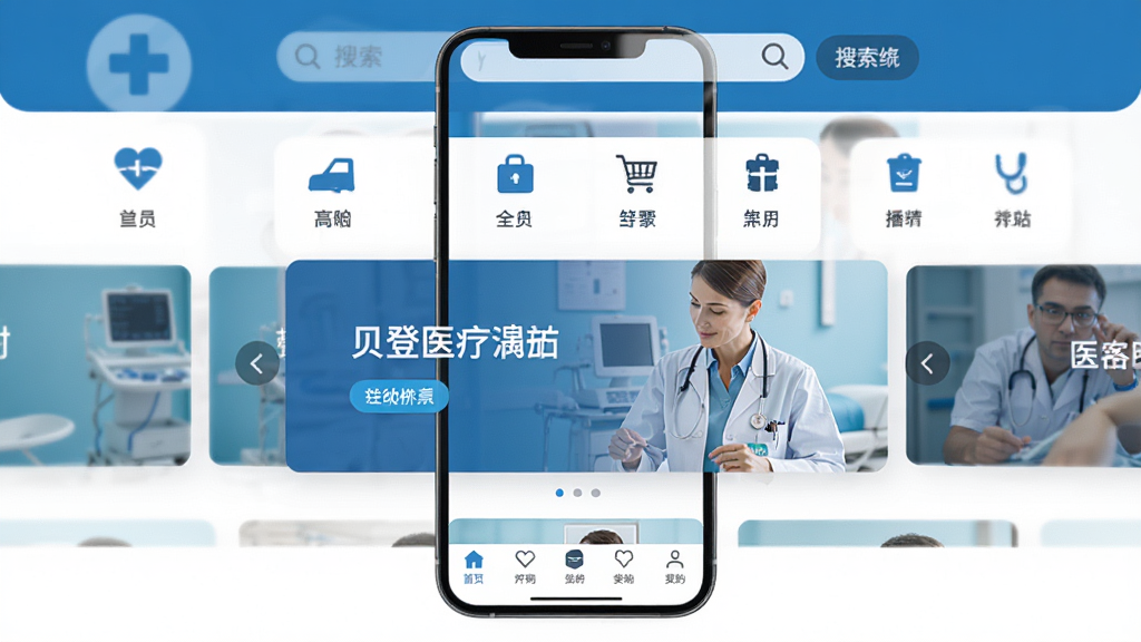 ����ҽ��APP��ҳչʾ����ɫҽ�Ʒ�񣬶�������������Ʒ����ͼ���������룬�м��ֲ�����banner���ײ��������������ֻ������Ű棬�ɾ���࣬���廭��