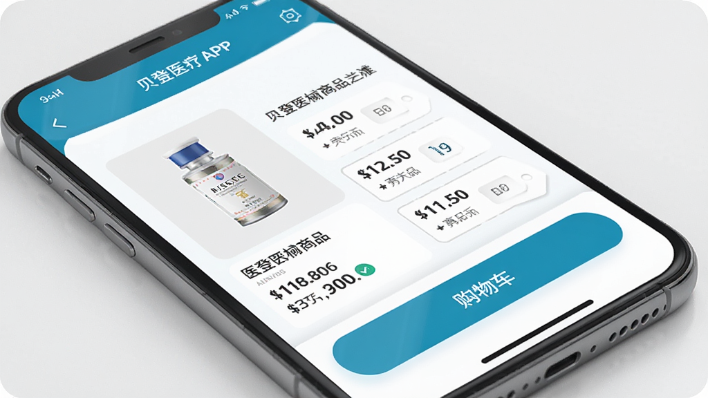 ����ҽ��APP��Ʒ����ҳ�棬ҽ����е��ƷͼƬ��۸��ǩ����չʾ�����빺�ﳵ��ť��Ŀ��ҳ������רҵ���ֻ���Ļ�Ű棬�ɾ��޶���Ԫ�أ����廭��