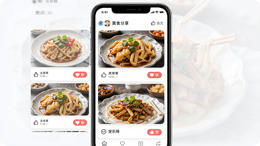 ������ͤAPP��ʳ����ҳ�棬����Ϊ�ֻ���Ļչʾ��ʳ��Ƭ�������������У��Ű����룬�������������ϸ�ڰ�����ʳͼƬ�͵��ް�ť�����ʸ��壬�ɾ����޶���Ԫ��