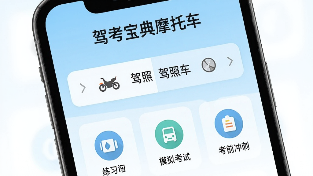 �ֻ���Ļչʾ�ݿ�����Ħ�г�APP��ҳ���棬������ʾ���ݿ�����Ħ�г������ֱ��⣬�м���Ħ�г���������ѡ��ť���·�����˳����ϰ��ģ�⿼�ԡ���ǰ��̵ȹ���ͼ�꣬����Ϊǳ��ɫ���䣬���岼���������࣬��ƽ��UI��Ʒ��ϸ�ھ��£����廭�ʣ��ɾ��޶���Ԫ��