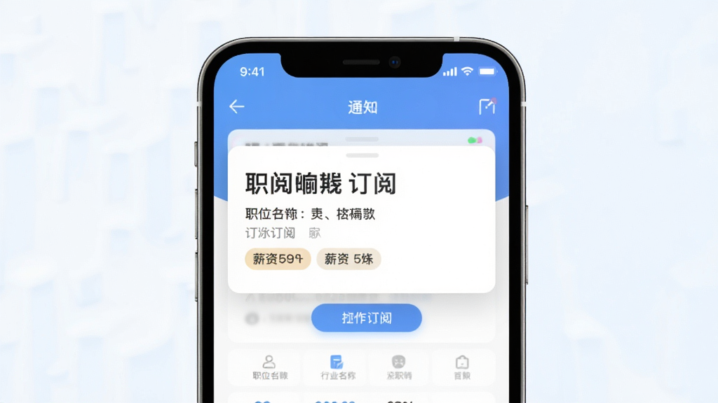 行业找工作订阅抢工作功能展示图,主体为手机屏幕弹出职位订阅通知,布局为上下结构,排版突出消息卡片,风格清新明亮,细节包含职位名称和薪资标签,画质清晰,干净,无多余元素