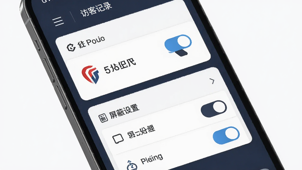 行业找工作谁看过我与企业屏蔽功能界面,主体为手机屏幕展示访客记录和屏蔽设置,布局分上下模块,排版清晰,风格沉稳专业,细节包含企业logo和开关按钮,画质高清,干净,无多余元素
