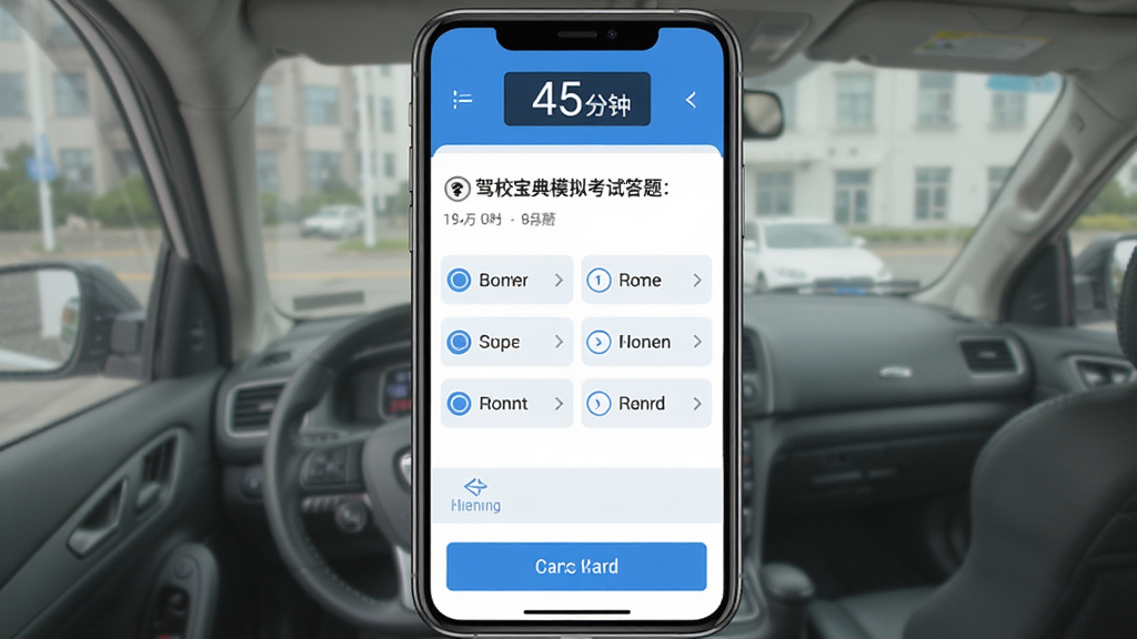 ��У����ģ�⿼�Խ��棬�ֻ���Ļչʾ��ʵ����������棬�����е���ʱ45������ʾ���м���ѡ������Ŀ���ĸ�ѡ��ײ��д��⿨�ͽ�����ť����ƽ��UI��ƣ�������ɫ���������������廭�ʣ��ɾ��޶���Ԫ��