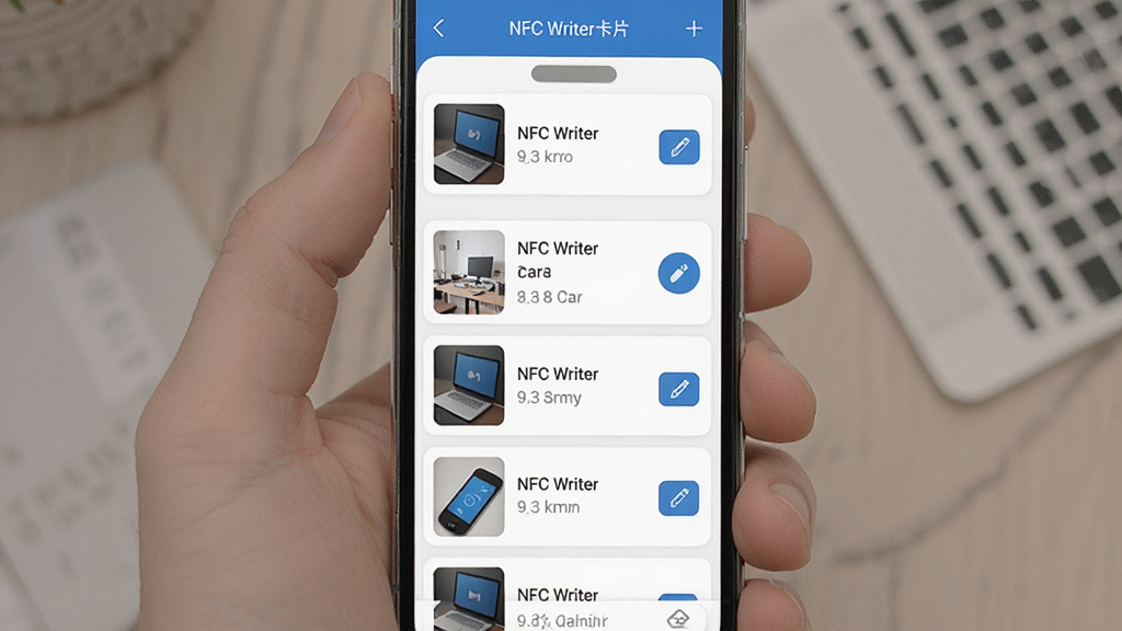 NFC Writer��Ƭ�������棬����Ϊ�ֻ���Ļ��ʾ�ѱ��濨Ƭ�б�������Ϊ�����б��Ű棬����Լ�ִ���ϸ�ڰ�����Ƭ����ͼ��༭��ť�����ʸ��壬�ɾ����޶���Ԫ��