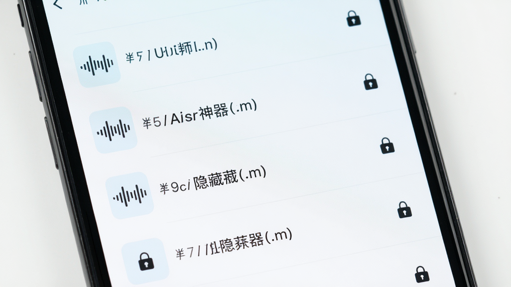 应用隐藏神器隐藏音频功能展示,主体为手机屏幕中的音频文件列表,布局为纵向排列,每个音频文件显示时长和文件名,排版简洁,风格为清新浅色,细节包括波形图标和锁形标识,画质高清,干净,无多余元素