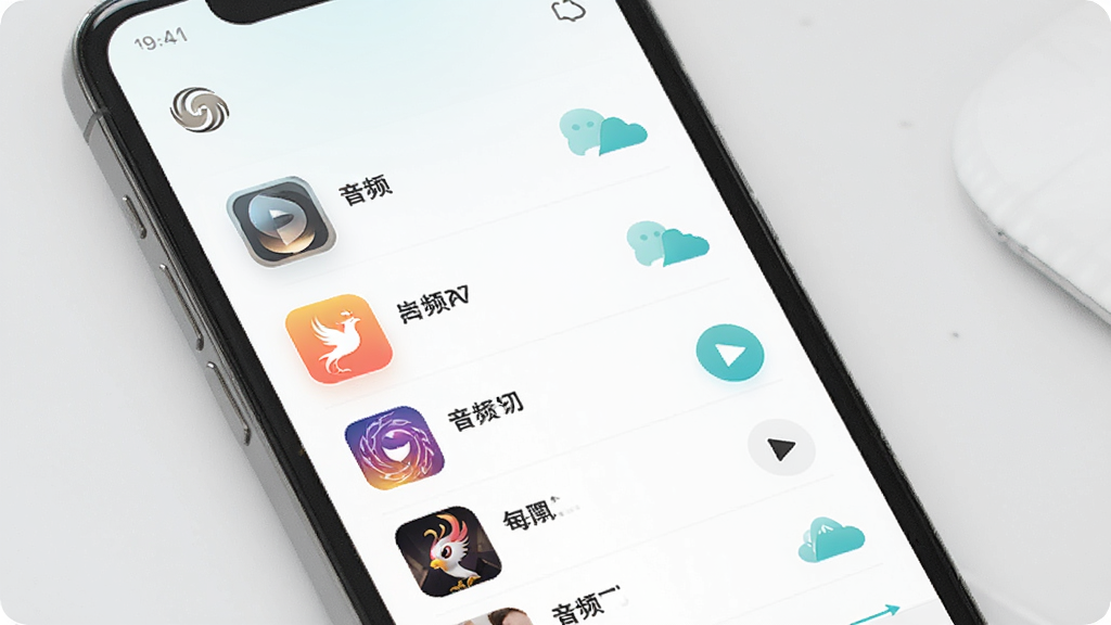 凤凰FM应用界面展示,主体为手机屏幕中显示音频节目列表,布局为居中竖向排版,风格为清新简约的科技感,细节包括频道分类图标和播放按钮,画质清晰、干净、无多余元素