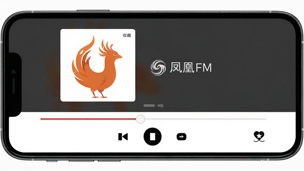 凤凰FM节目播放界面,主体为手机横屏显示播放控制条和节目封面,布局为上下结构,风格为现代扁平化设计,细节包括进度条、倍速按钮和收藏图标,画质清晰、干净、无多余元素