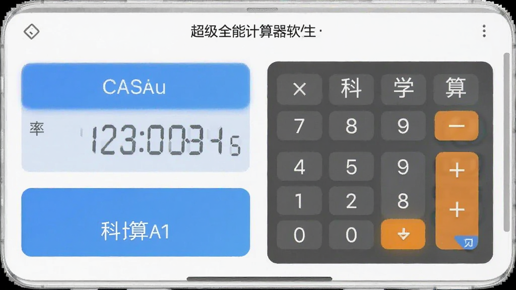超级全能计算器软件主界面截图,展示汇率计算和科学计算按钮,布局清晰,风格简洁,手机屏幕展示,画质清晰干净,无多余元素
