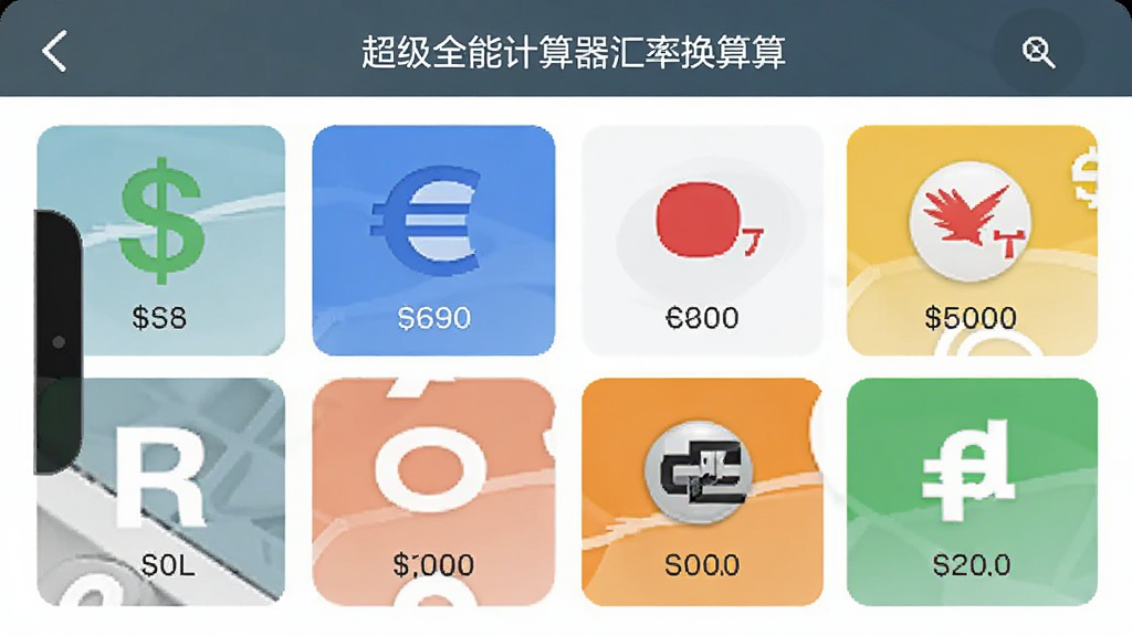 超级全能计算器汇率换算界面,显示美元、欧元、日元等货币图标,布局整齐,风格现代,手机应用截图,画质干净无杂物