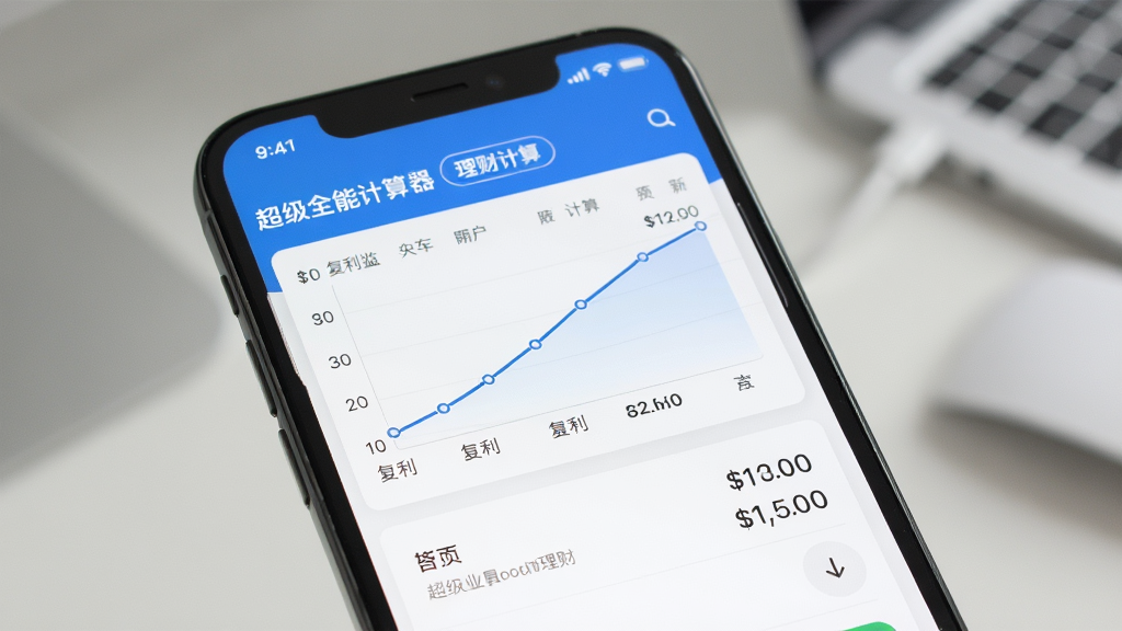 超级全能计算器理财计算页面,显示复利收益曲线和数字结果,排版简洁,风格现代,手机屏幕展示,画质清晰无多余元素