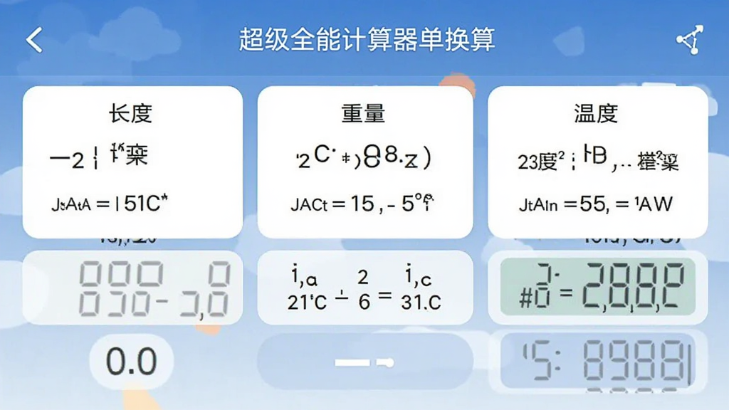 超级全能计算器单位换算界面,展示长度、重量、温度换算选项,布局整洁,风格清新,手机应用截图,画质干净