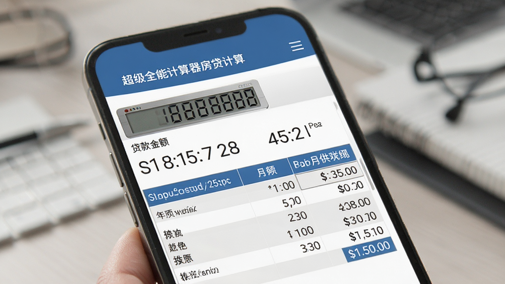 超级全能计算器房贷计算页面,显示贷款金额、年限、月供明细表格,排版工整,风格商务,手机屏幕展示,画质清晰