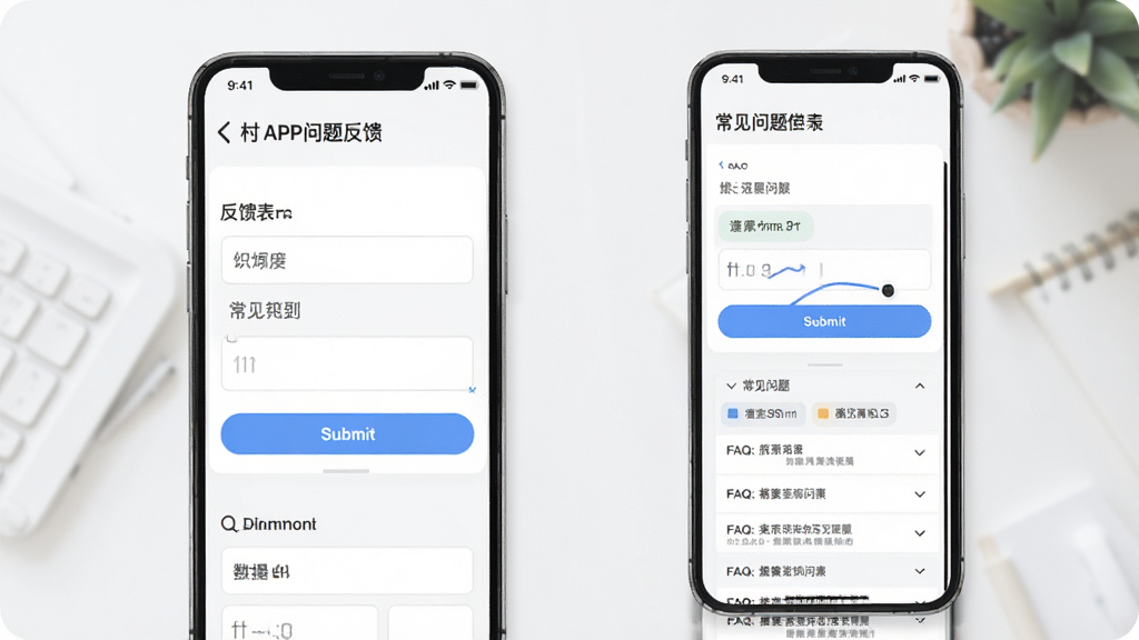 �Ҵ�APP���ⷴ��ҳ�棬����Ϊ�ֻ�����չʾ���������ͳ��������б�������Ϊ���½ṹ���Ű����������Ϊ��Լǳɫ��ƣ�ϸ�ڰ���������ύ��ť��FAQ�۵�����ʸ��壬�ɾ����޶���Ԫ��