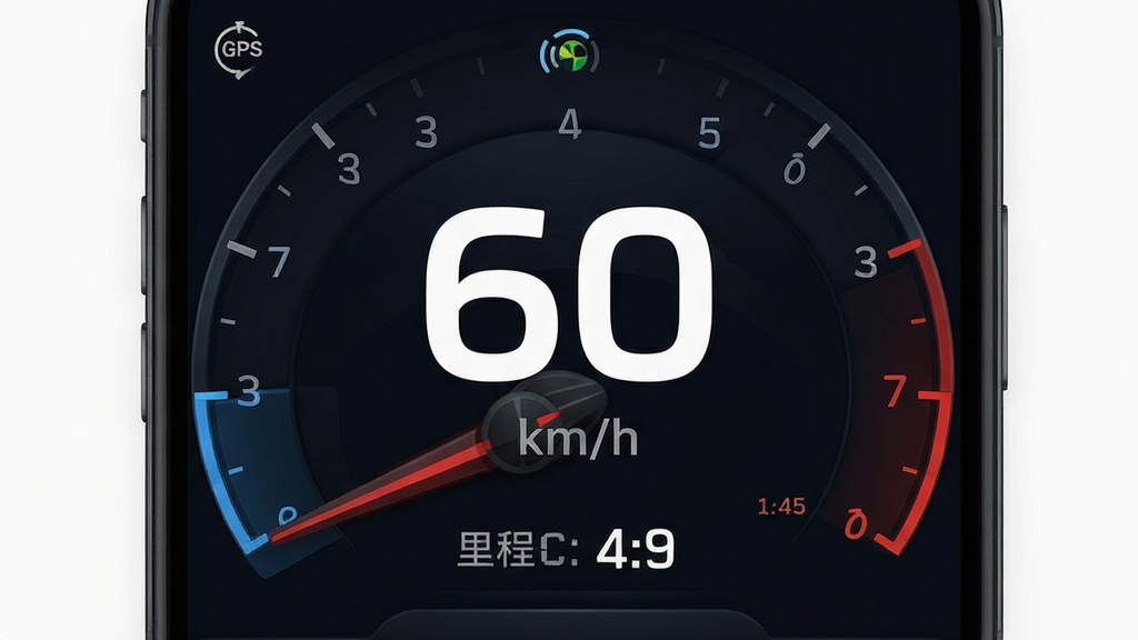 ���ٱ�App����չʾ������Ļ������ʾ�޴�������ٶȡ�60 km/h�����·�Ϊ�����������Ϊ��ɫ�Ǳ��̷�񣬶�����GPS�ź�ͼ�꣬���ּ�࣬�Ű��������Ƽ���UI��ƣ�ϸ�ھ��£������������ɾ��޶���Ԫ��