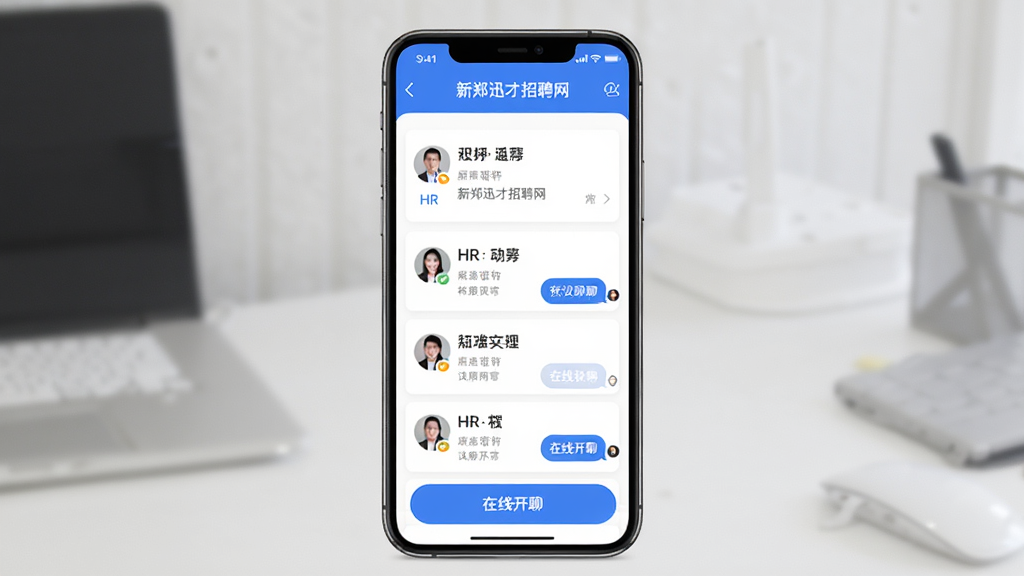 ����Ϊ��֣Ѹ����Ƹ��APP�ֻ����棬����Ϊ����չʾһ���ֻ�����Ļ����ʾְλ�б������߿��İ�ť���Ű�Ϊ���½ṹ�����Ϊ��������磬ϸ�ڰ�����ɫ��ɫ����ְλ��Ƭ��HRͷ���������ݣ����ʸ���ɾ��޶���Ԫ��