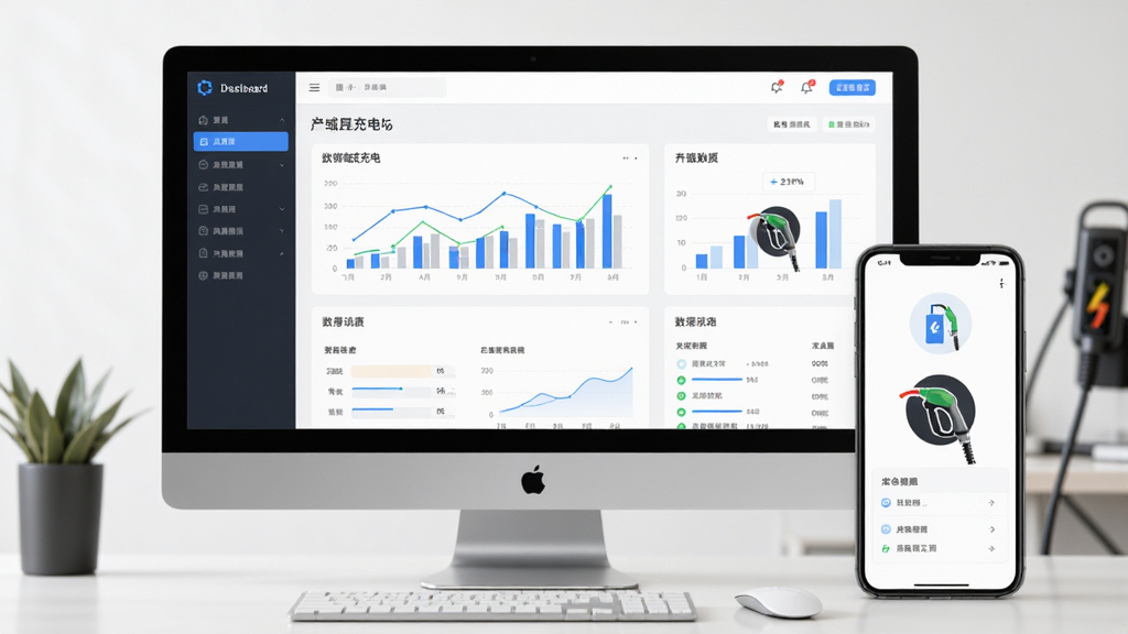 比特域充电专业平台管理后台,主体为电脑与手机双端界面,布局为左右分栏,排版规整,风格商务简约,细节包含数据图表与充电枪图标,画质清晰,干净,无多余元素