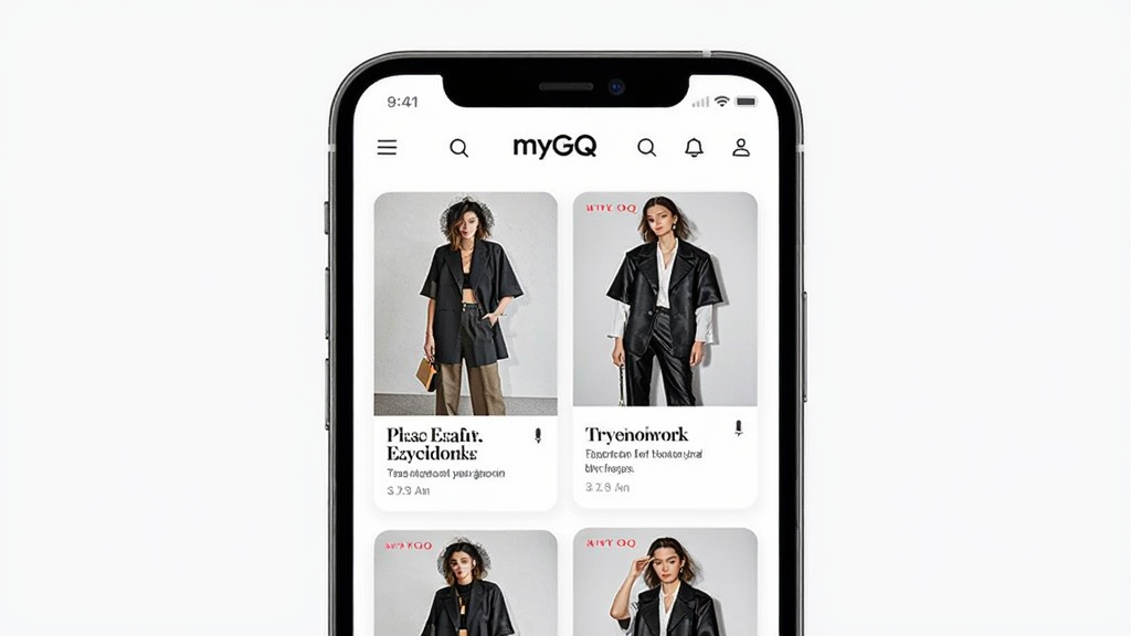手机屏幕展示myGQ应用界面,主体为个性化首页信息流,布局为顶部导航栏加卡片式内容列表,排版简洁现代,风格为时尚杂志风,细节包含潮流穿搭图片和标题文字,画质高清,干净,无多余元素