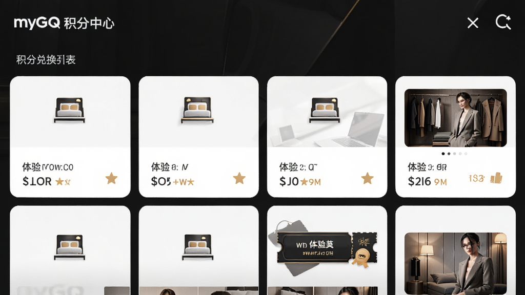 myGQ应用内积分中心页面,主体为积分兑换列表,布局为网格状卡片排列,排版清晰,风格为高端时尚,细节包含房间图标和体验券图片,画质高清,干净,无多余元素