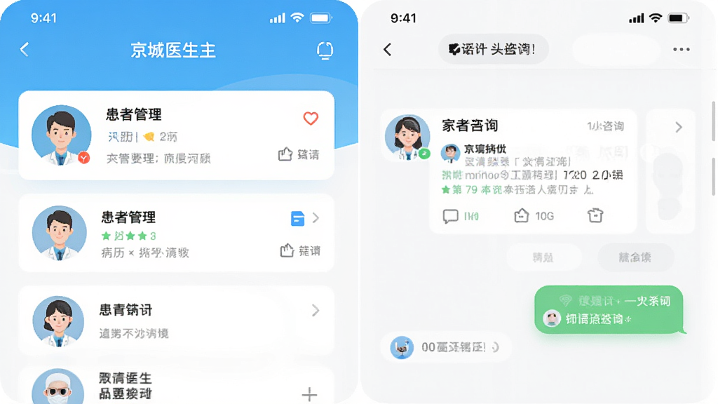 京城医生App主界面截图,展示患者管理列表与在线咨询窗口,布局清晰,排版简洁,现代医疗风格,细节包括头像、病历卡片、消息气泡,画质清晰,干净,无多余元素