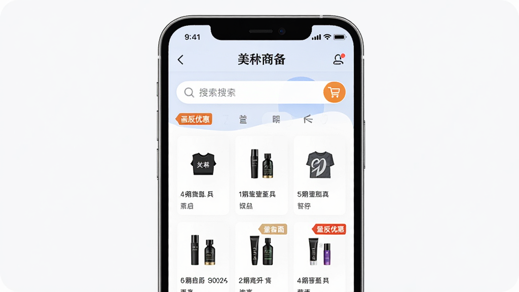 ����APP����չʾ������Ϊ�ֻ���Ļ��ʾ��ҵװ���̳���ҳ������Ϊ�����ֻ�����ͼ���Ű������������Ϊ�ִ�����UI��ϸ�ڰ�����Ʒ����ͼ�ꡢ�����������Żݱ�ǩ�����ʸ��壬�ɾ����޶���Ԫ��