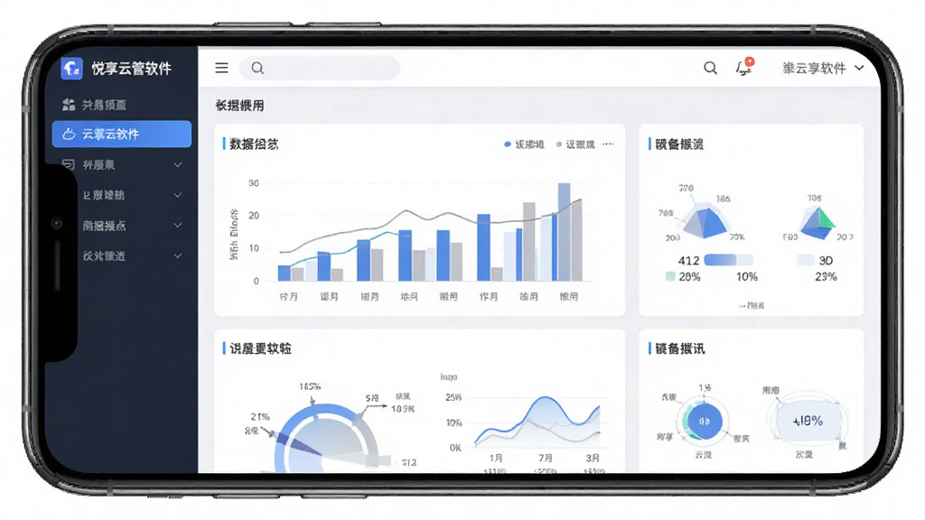 悦享云管软件主界面截图,手机屏幕显示数据报表图表,布局简洁,风格现代商务,细节清晰,画质干净,无多余元素