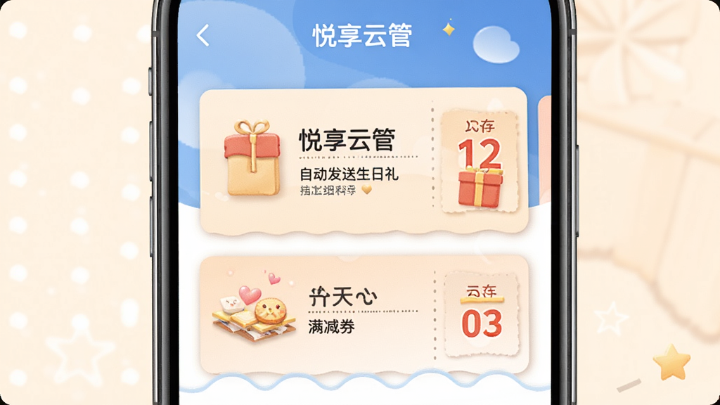 悦享云管自动发送生日礼与满减券的界面示意图,手机屏幕显示优惠券卡片,布局清晰,风格温馨友好,细节丰富,画质干净,无多余元素